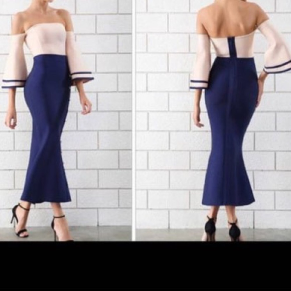 Cream & Navy Blue Flare Bondage dress